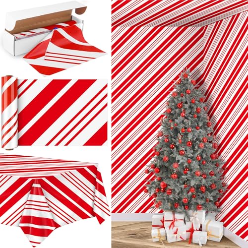 Image of Kochorie 100 Ft x 54 Inch Christmas Candy Cane Striped Tablecloth Roll with Slide Cutter Box Red and White Table Cover Christmas Tablecloth Wall Backdrop Xmas Home Holiday Party Supplies