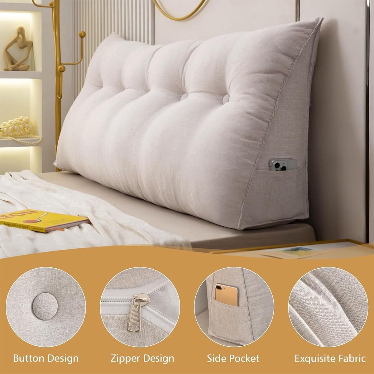 三角クッション枕 読書用枕 ヘッドボードウェッジ ベッドサイド バッククッション バックサポート ボルスター ベッドバックレスト ダ 背もたれ 三角  クッション ヘッドボード クッション シートクッション 背もたれ サポートベッド 読書枕 カバー パッド 取り外し可 単色 ... クイーンサイズ ウェッジヘッドボード枕、ポケット付き大型ボルスター三角読書枕、通気性リネンカバーベッドレスト枕、ベッドソファフロアで