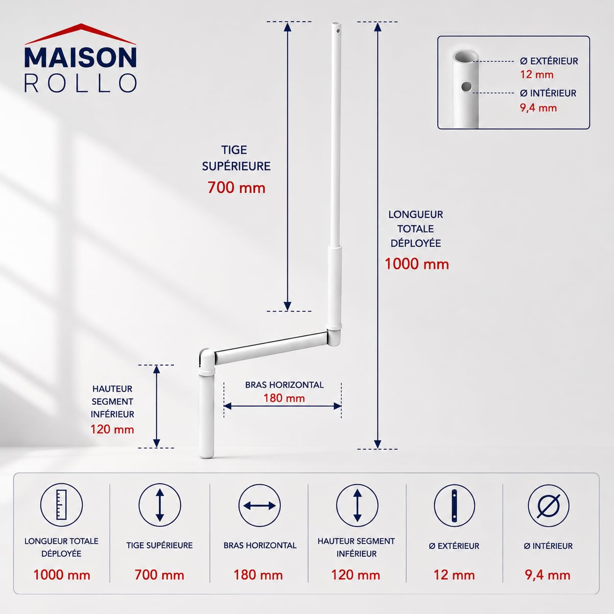 Manivela de persiana enrollable 100 cm – Manivela completa de acero lacado blanco Ø12 mm con mango ergonómico y soporte de pared – Maison Rollo