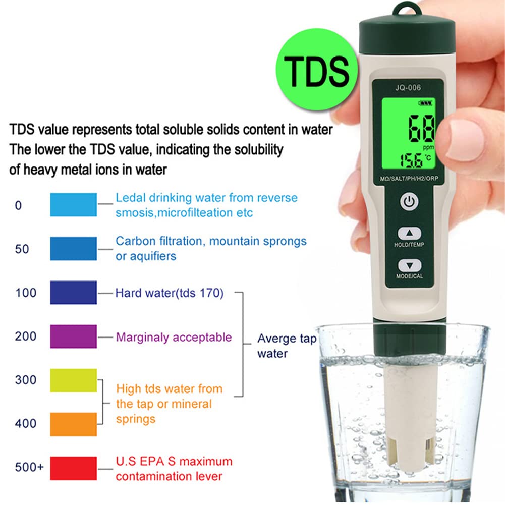 10 in 1 Wasserqualität Tester PH/TDS/SALT/SG/ORP/EC/Hydrogen/Resistivität/TEMP/Nährstoff Professionelle hohe Genauigkeit Prüfung Stift mit LCD für Trinkwasser Schwimmbad Aquarium (01)