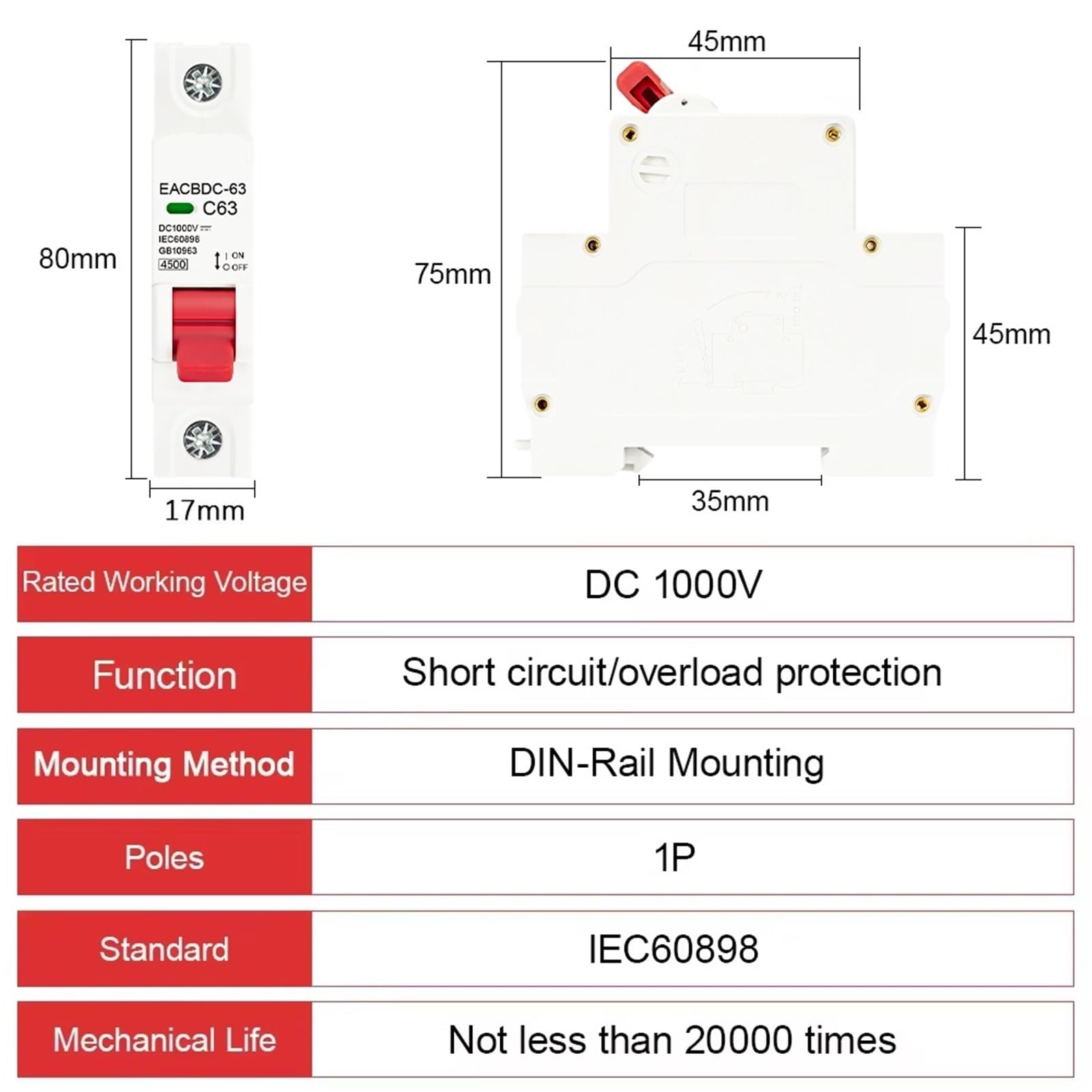 1P DC 1000V MCB Solar Mini Circuit Breaker Overload Protection Switch DC1000V Photovoltaic PV 1Pcs(25A)
