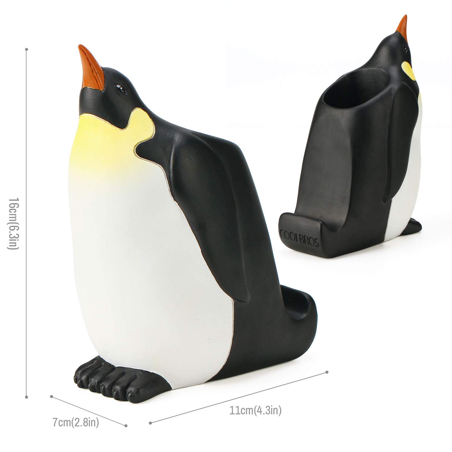 Coolbros Stiftehalter mit Handy-Ständer, Kunstharzförmiger Stiftebehälter, Schnitzerei, Bürste, Scherenhalter, Schreibtisch-Organizer (Pinguin)