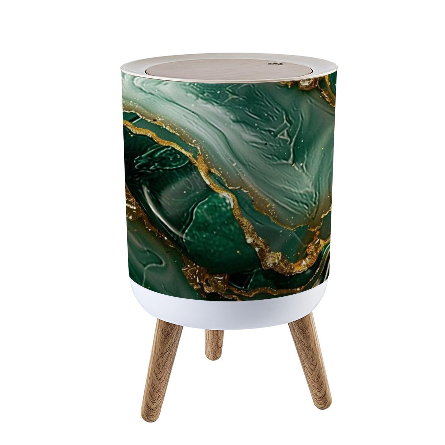 Cubo de basura con tapa, diseño abstracto de mármol de lujo, textura de mármol, verde y dorado, cubo de basura 3D, redondo, a prueba de perros, para cocina, baño, sala de estar, guardería,
