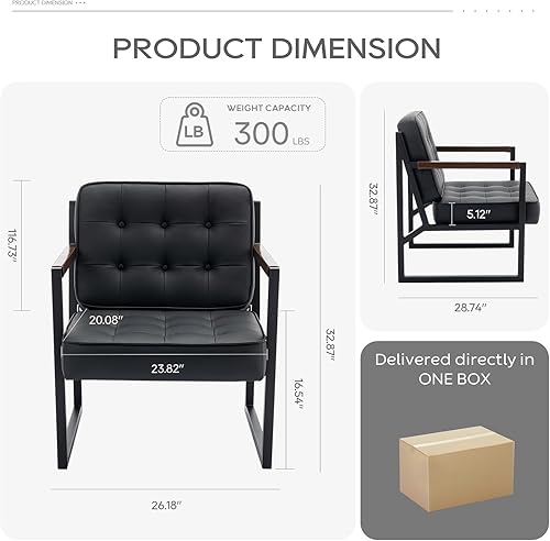 Miniatura 2 de COLAMY Juego de 2 sillas decorativas modernas de mediados de siglo, cómoda silla de sala de estar, silla decorativa de cuero negro, sillón de