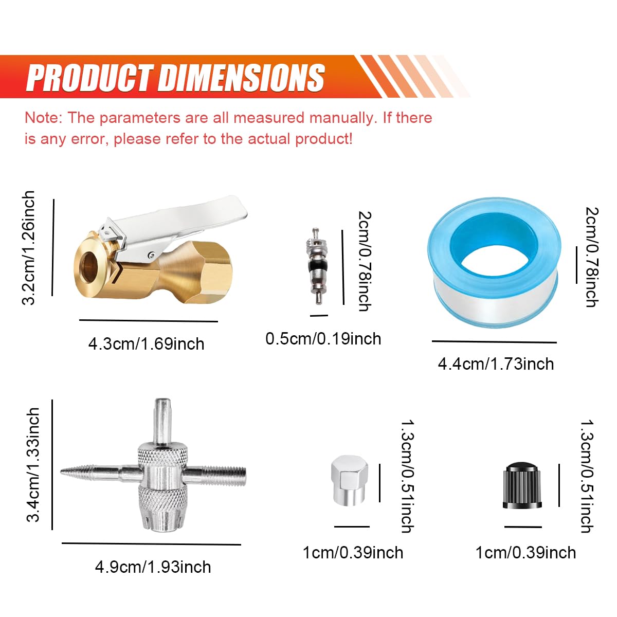 10-120 PSI Heavy Duty Gonfiatore per pneumatici con manometro, include mandrino ad aria a doppia testa, strumento a 4 vie, nucleo valvola, tappi valvola stelo, attacchi compressore d'aria per