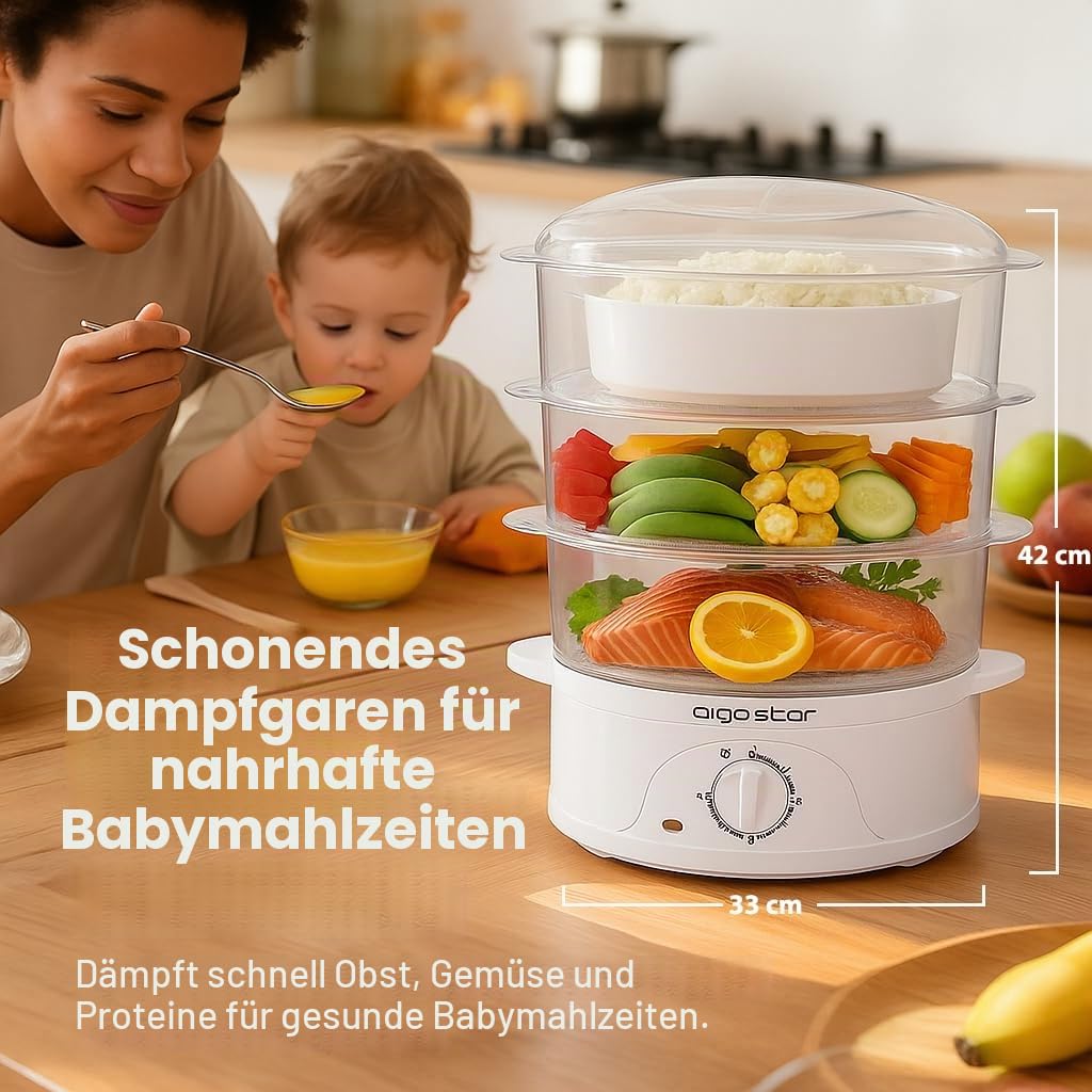 Aigostar Dampfgarer mit Timer 9L, 3-Etagen Stapelkörbe (800W, BPA frei) .EINWEGVERPACKUNG
