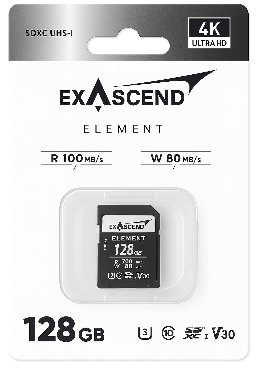 Exascend Element Carte mémoire SDXC UHS-I V30 128 Go 4K UHD jusqu'à 170 Mo/s, UHS-I, classe 10, U3, V30 (UHS-I V30 100 Mo/s, 128 Go)