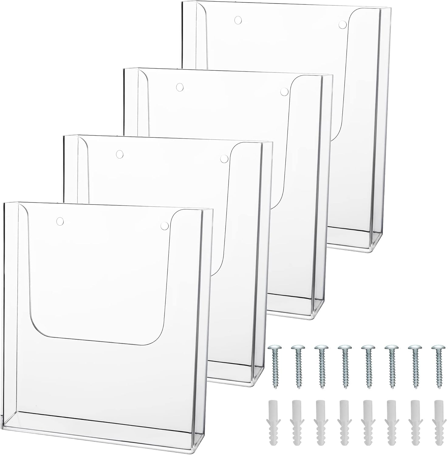 ZOFUN - 4 soportes de pared A4 para folletos, soportes planos transparentes para documentos con 8 tornillos y tubos de expansión, estantes acrílicos montados en la pared para revistas de restaurante,