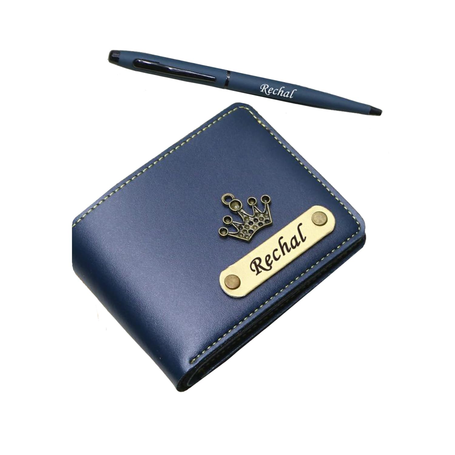 Just In Trendz Customized Wallet & Pen Set for Men with Charms (2 in 1 Combo) Personalized Name Wallet Combo Gift for Brother Father (Blue)