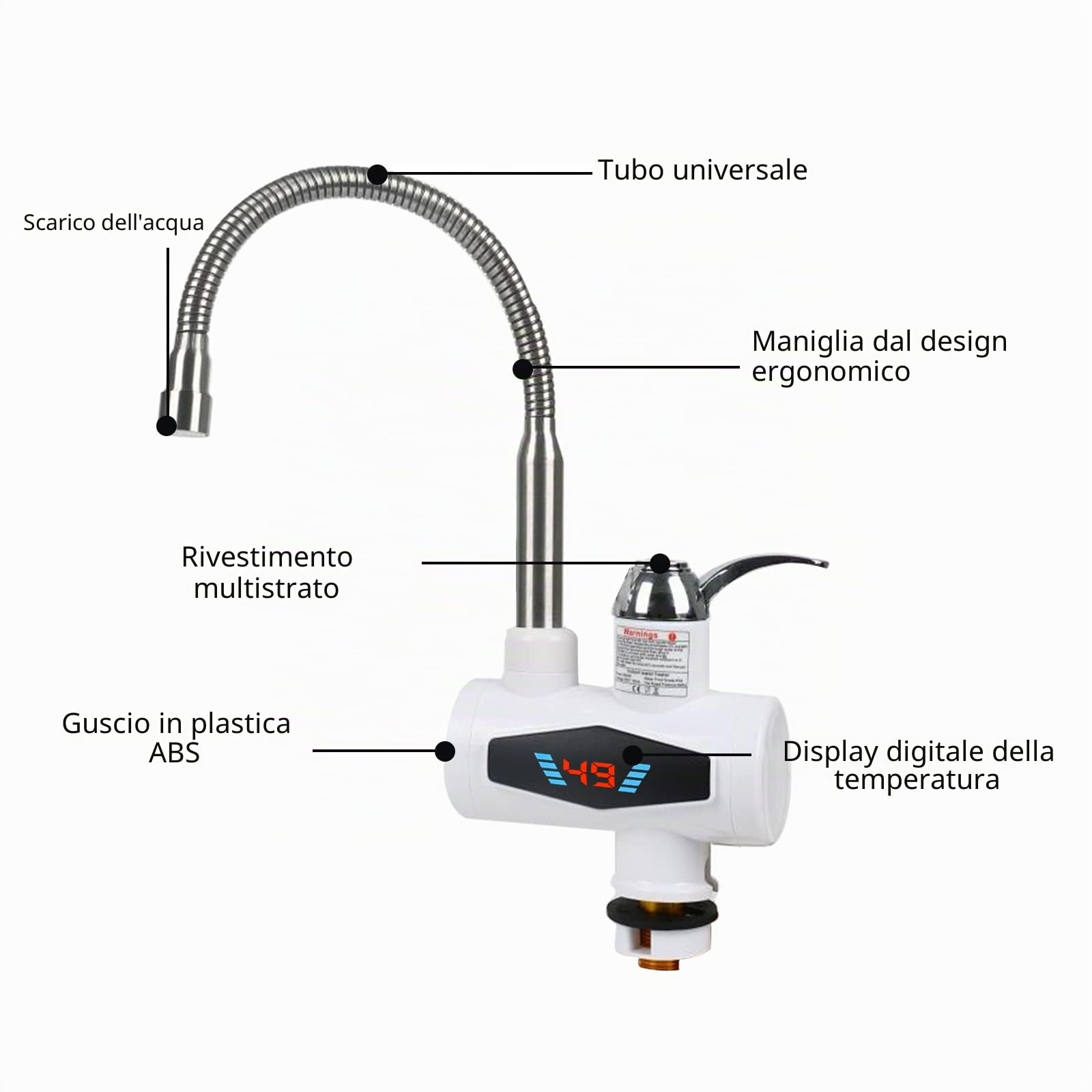 Scaldacqua elettrica rubinetto 220 V, scaldabagno elettrico rapido con display digitale a LED 3000 W per cucina, bagno (ingresso dell'acqua inferiore)