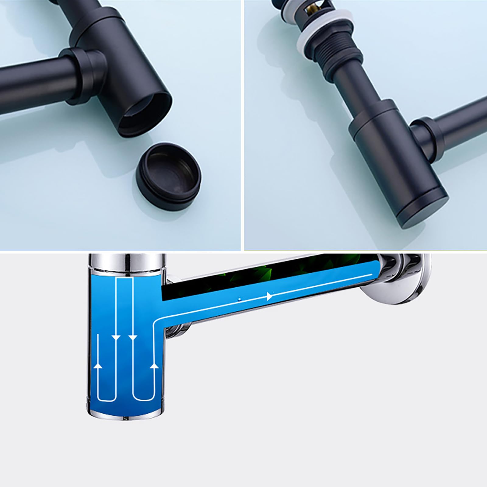 Siphon Waschbecken Mit Überlauf,Pop Up Ablaufventil,Geruchsverschluss,Verstellbares Abflussrohr,Bächlein Siphon Für Die Küchenspüle,Schwarz
