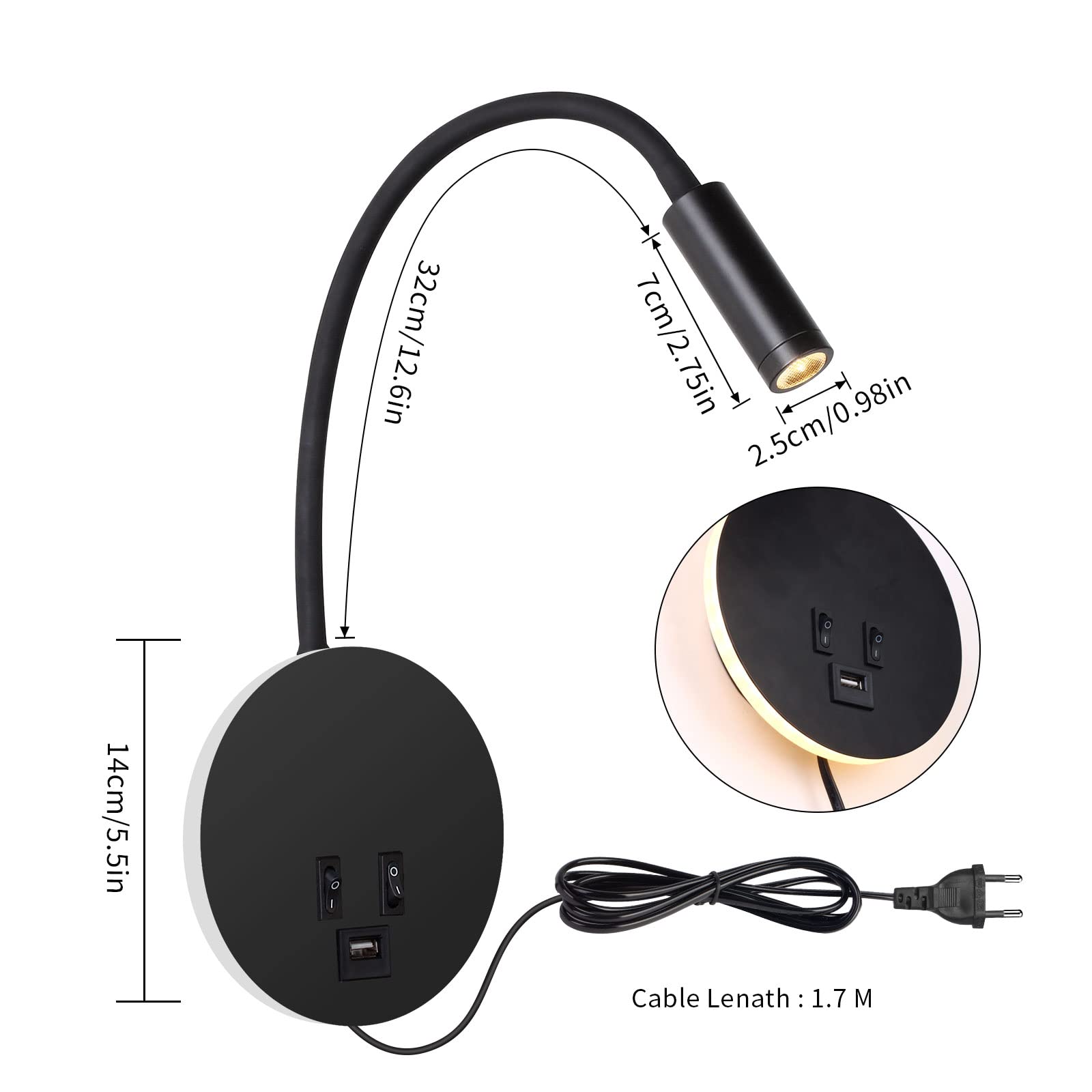 ERWEY Lámpara de lectura para cama, lámpara LED de 3 W + 8 W con interruptor y carga USB, cuello de cisne giratorio 360° con enchufe y cable para dormitorio, Negro