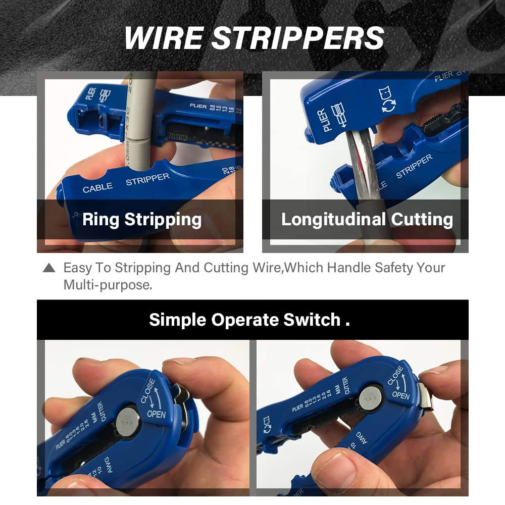 ASA TOOLS CSB - Pelacables y cortador, múltiples herramientas de pelado de cables resistentes para pelar cables, cortar (cuchillas dobles), profundidad de hoja ajustable, pelado de cables y