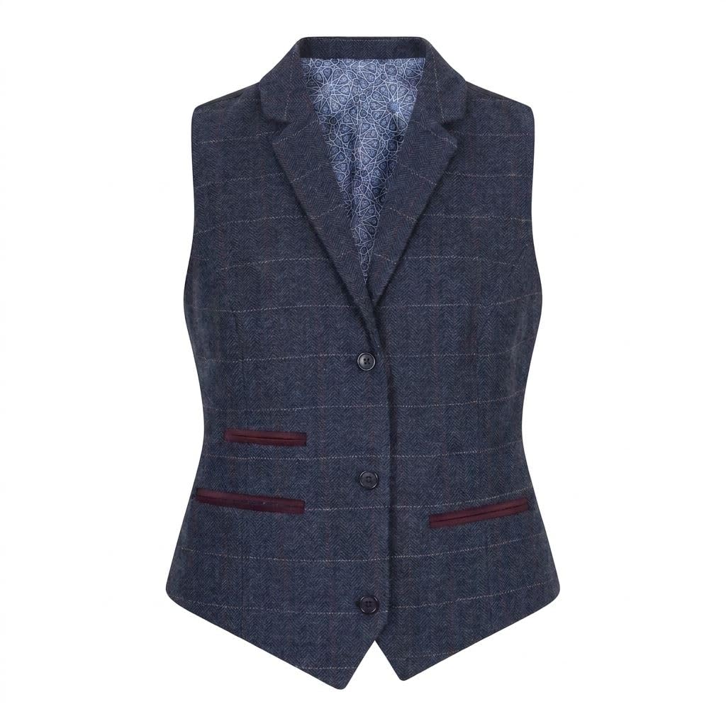 TruClothing Gilet blazer da donna in tweed misto lana blu navy a scacchi a spina di pesce