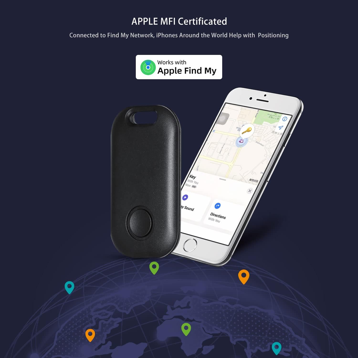 AIYATO tag and iPhone displaying Find My app with global map and location pins