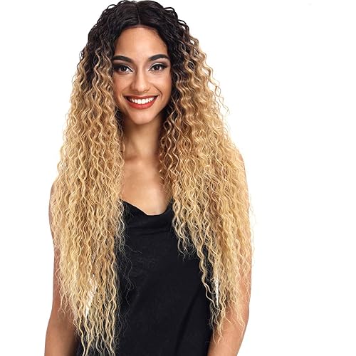 Joedir Lace Front Wigs Ombre Blonde 28'' Long Small Curly Wavy Synthetic Wigs For Black Women 130% Density Wigs (ombre blond)