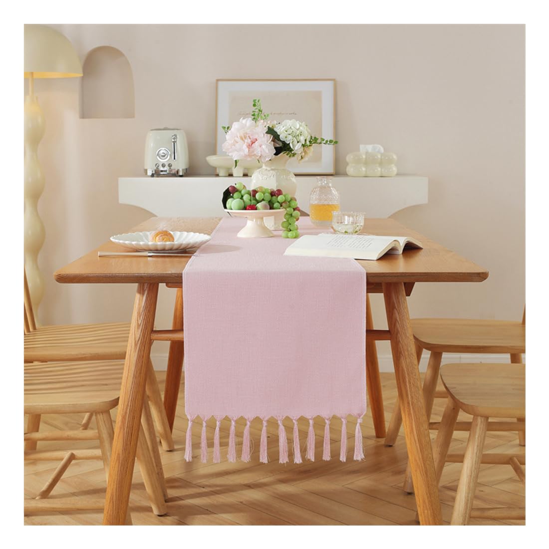 NIUSABOU Kitchen Dining TableDecoration, Solid Color Table Runner With Fringe, Coffee Cover, Multicolor, 33x(92-275) cm(Pink,33x228cm(12.9x89.7in))