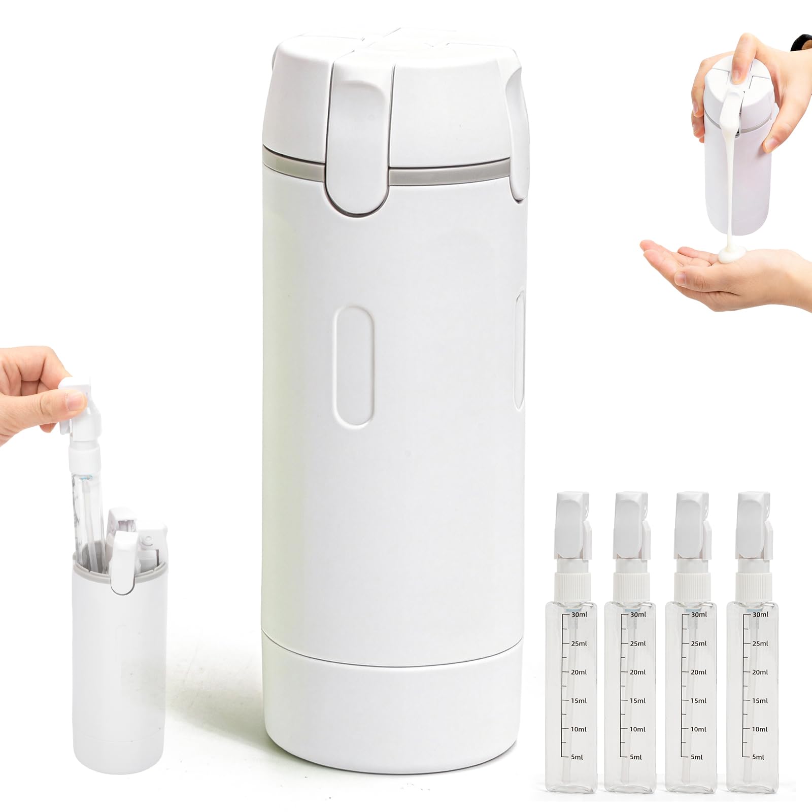 Zouwel 4 in 1 Reise-Spender-Set, nachfüllbar, auslaufsicher, für Toilettenartikel, tragbare Reisebehälter für Shampoo, Lotion, Conditioner und Creme (weiß)