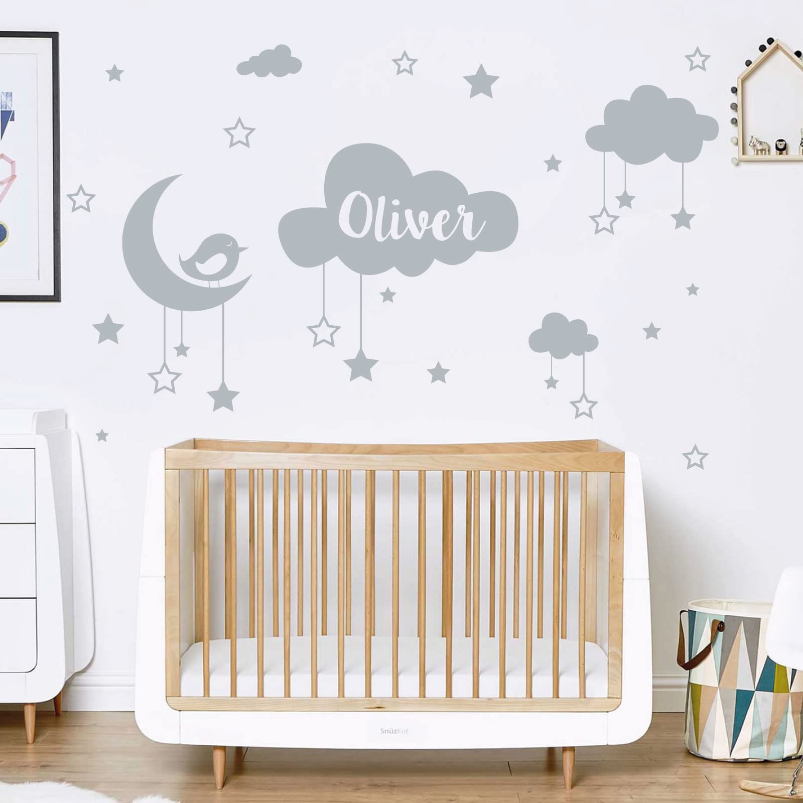 Personalised Name Baby Wall Sticker - Clouds, Stars, Moon & Bird [Large] [Silver]