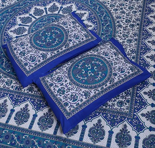 Image of Floral Printed Bedsheet for Double Bed Queen Size with 2 Pillow Covers | 144 TC Soft Cotton Blend Bed Sheet | 90x100 Inch | 18x27 Inch Pillow Covers | Blue | Comfortable Bedding Set