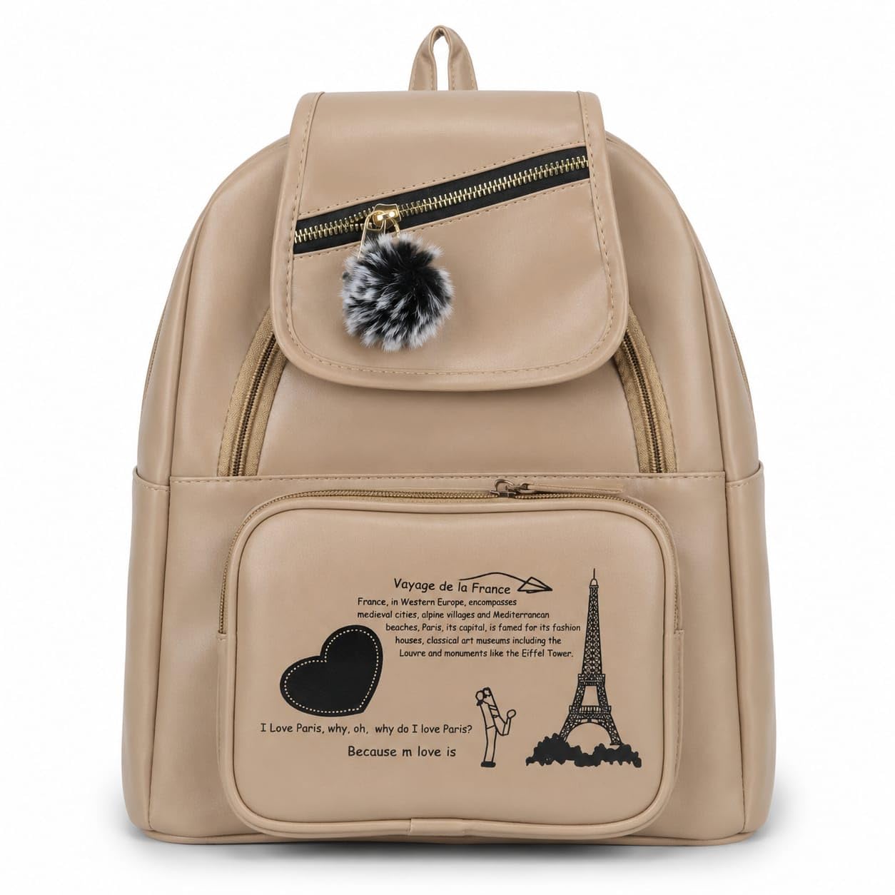 Women's Beige PU Leather Backpack with Paris Print & Pom Charm-image-46