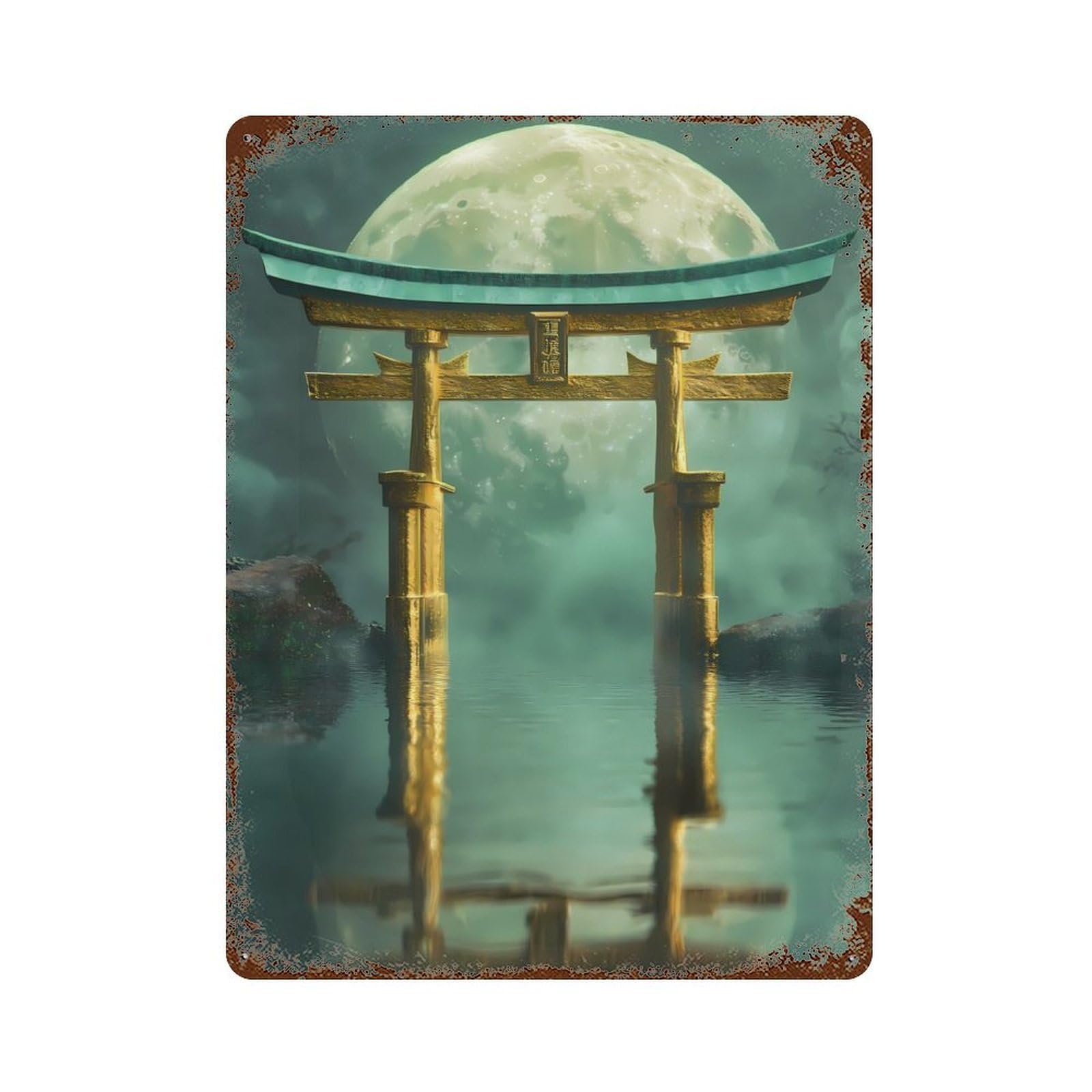 Golden Torii Gate Under Moon 15.7"x11.8" Rusty Metal Tin Sign, Shabby Chic Decor for Bistro, Counter And Cafe Decor