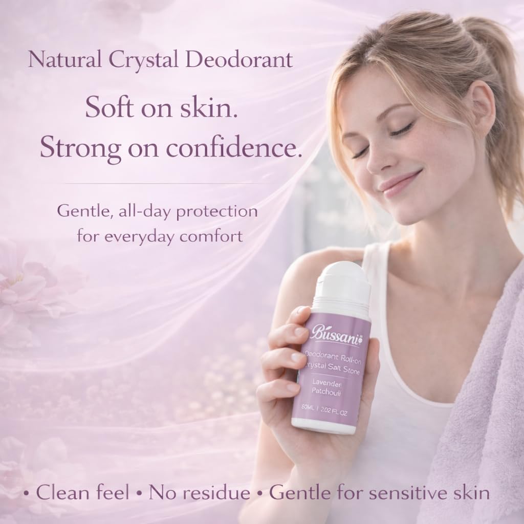 Bussani Deodorante naturale da 3 pezzi da 90 ml di lavanda al patchouli – Deodorante roll-on in pietra di cristallo per donna, protegge senza alcool, parabeni o alluminio, senza macchie e cruelty-free