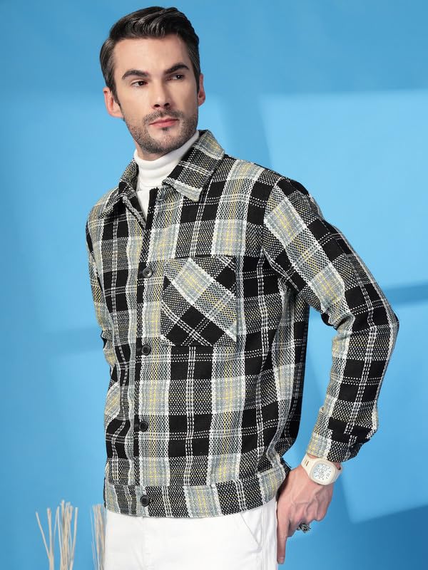 Image of CHKOKKO Men's Tweed Winter Shacket Stylish Flannel Plaid Standard Length Jacket Shirt