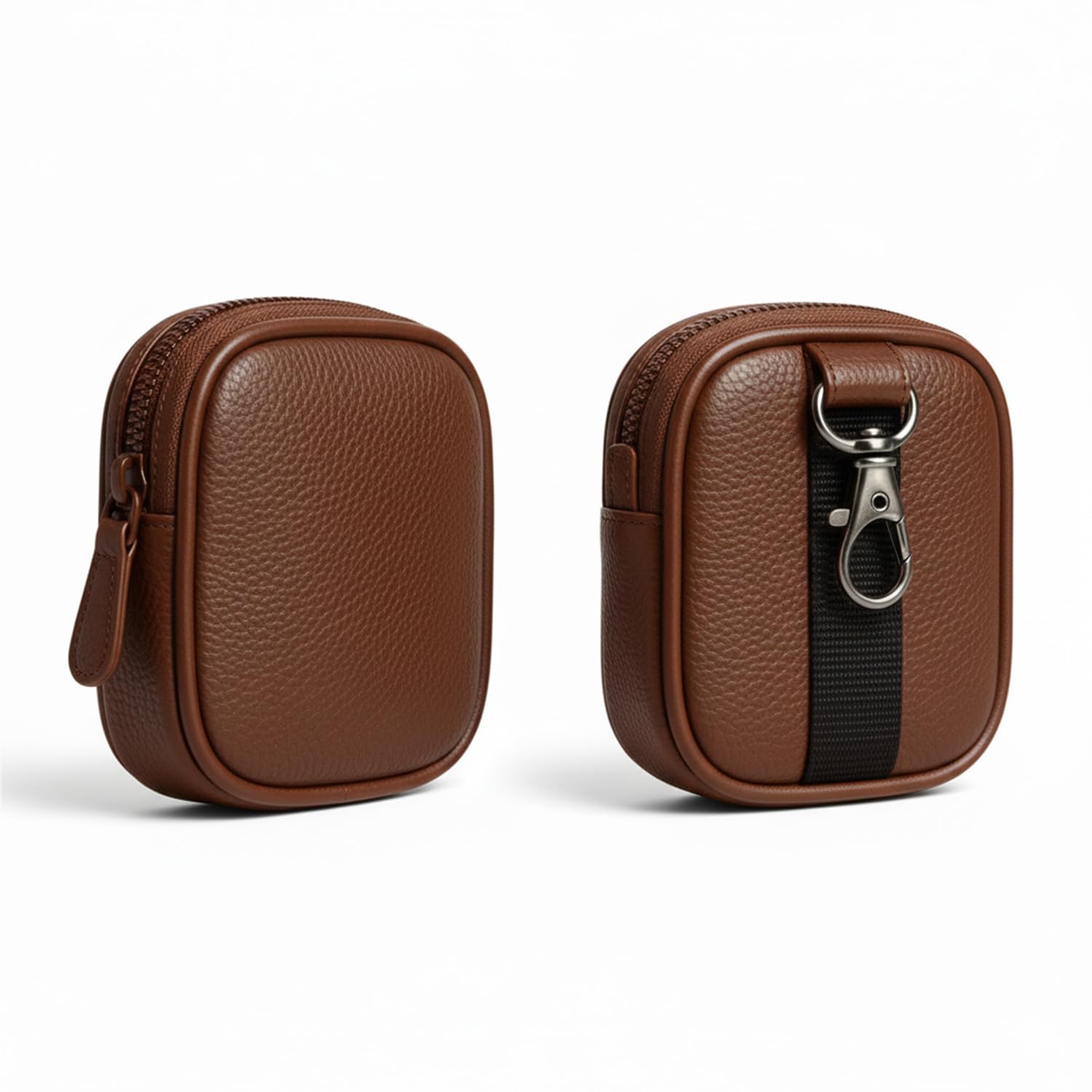 HICLE Light Brown PU Leather Earbuds Carry Case – Compact Shockproof Zipper Pouch for Wireless Earphones with Metal Clip