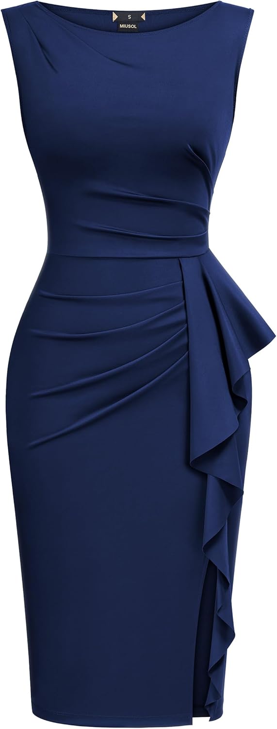 Miusol Women's Retro Ruffle Sleeveless Slim Business Work Pencil Dress