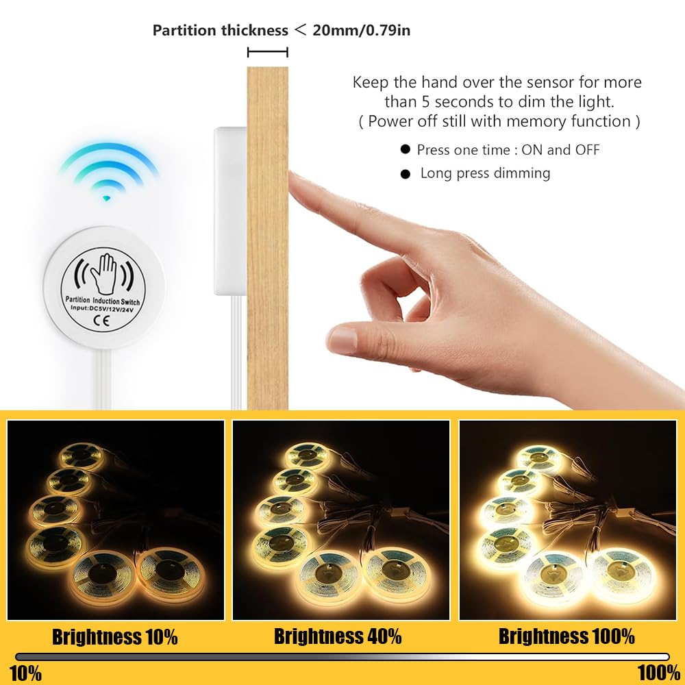 Striscia LED COB con 6 rotoli da 12 V COB LED bianco caldo con interruttore touch e mano per armadi di vino, scaffali, armadi, cucina