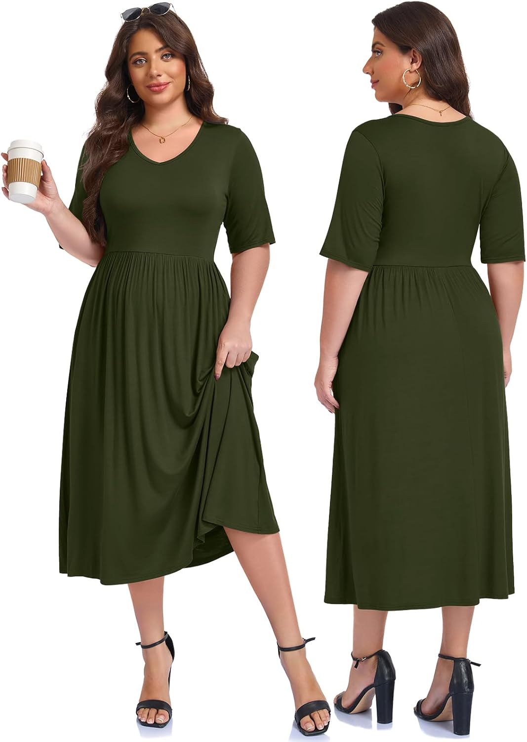 LARACE Summer Plus Size Dress for Women V Neck Maxi Dresses Casual Half Sleeve Flowy Long Dress with Pockets - Image 2