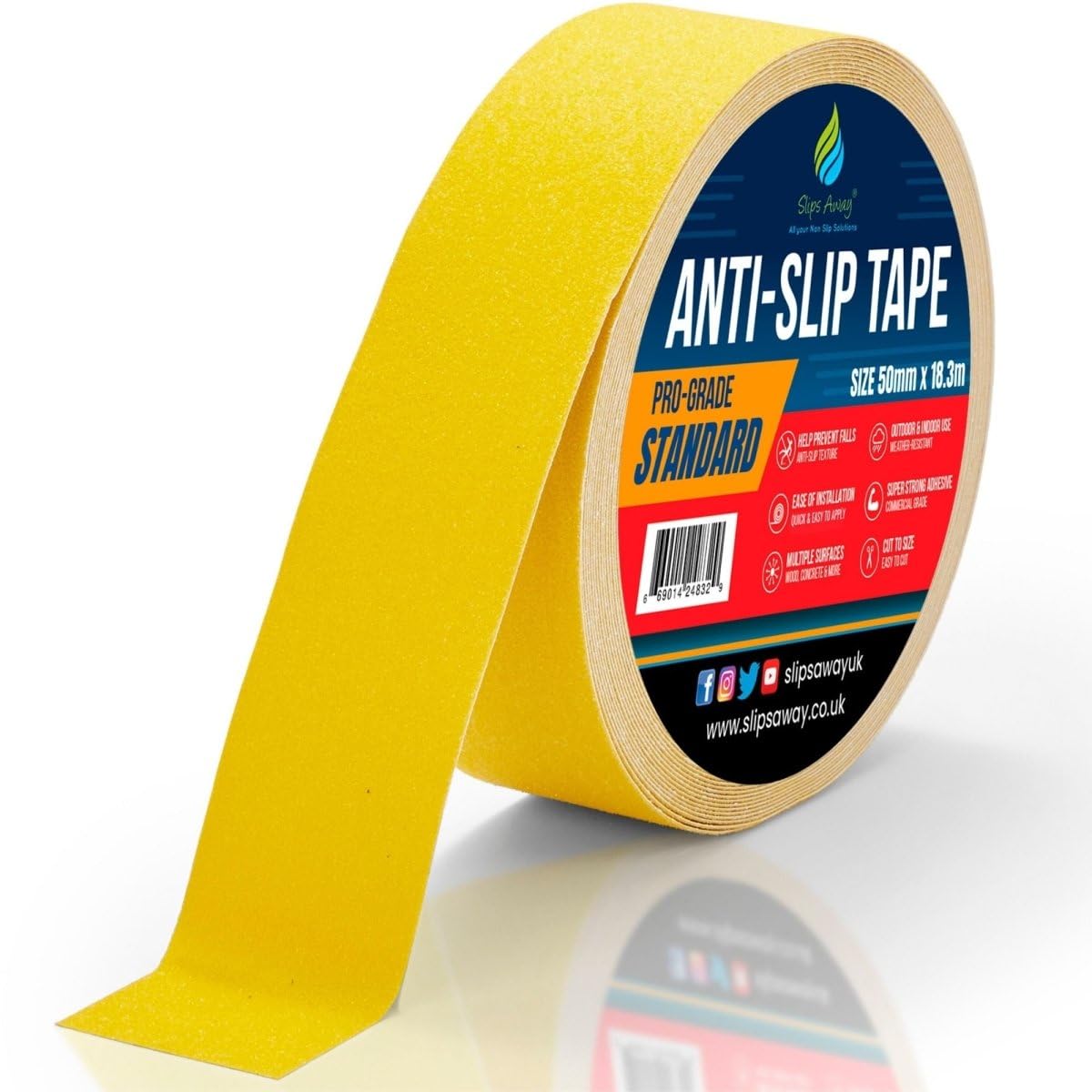 SlipsAway Anti-Slip Tape Roll - Strong Adhesive Grip Tape for Stairs Tread, Ramp & Deck - 50mm x 18.3m Waterproof Non-Skid Tape for Indoor/Outdoor Use - Made in the UK - Yellow