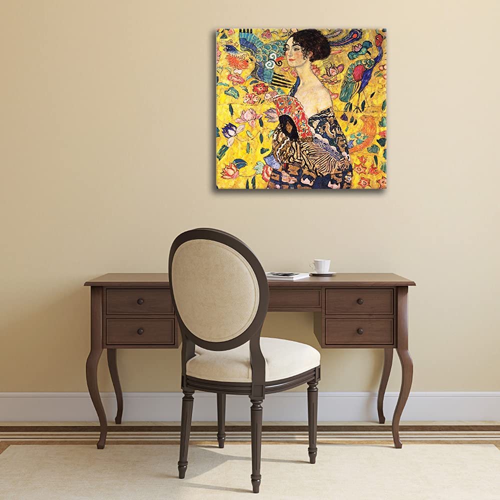 Quadro L&C ITALIA Klimt Donna Con Ventaglio 50x50 Cm | Stampa Su Tela, Bordo 3D, Pronta Da Appendere, Made In Italy - 3