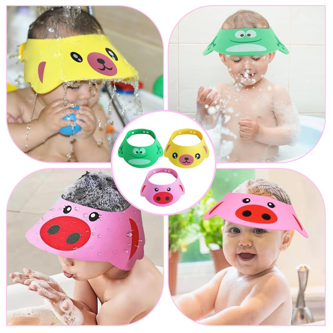 3 Pezzi Cuffia da Doccia per Bambini Regolabile, in Silicone Morbido, Impedisce all'Acqua di Entrare negli Occhi (Rosa Maiale, Giallo Cane, Verde Rana)