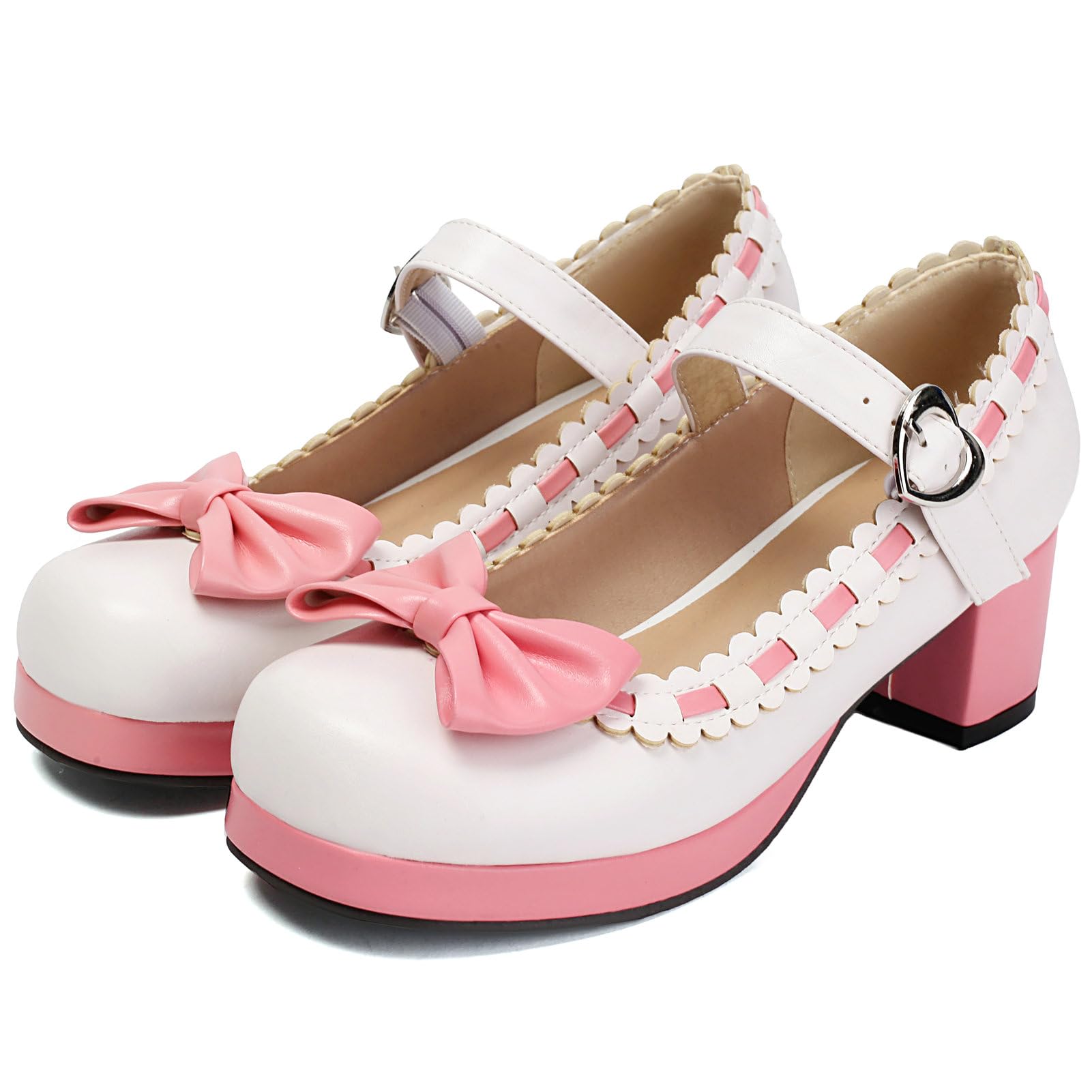 Cute Mary Jane Bow Kawaii Heels Cute One Buckle Strap Tacón grueso Correa de espagueti especial Zapatos de vestir de fiesta de encaje con lazo (10A-blanco,35)