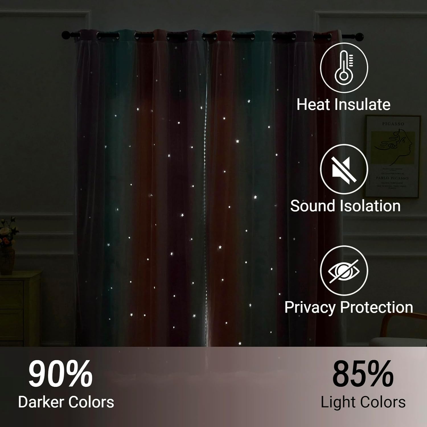 2 Panels Curtains for Girls Bedroom, Star Cutout Darkening Curtains for Kids Room, Unicorn Princess Girls Window Decor, Light Blocking and Heat Insulation (Pink Purple Blue, W52 X L72)