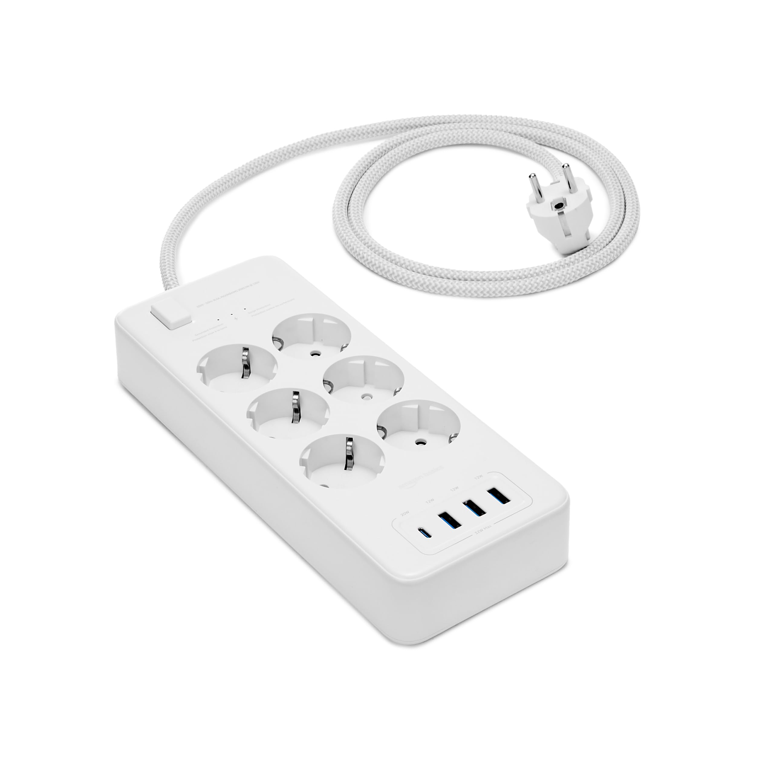 Amazon Basics - Multipresa a 6 Vie con Protezione da Sovratensioni  4 Porte USB (1 USB-C  3 USB-A)  Prolunga  Cavo da 1 5m  1050J  Bianco