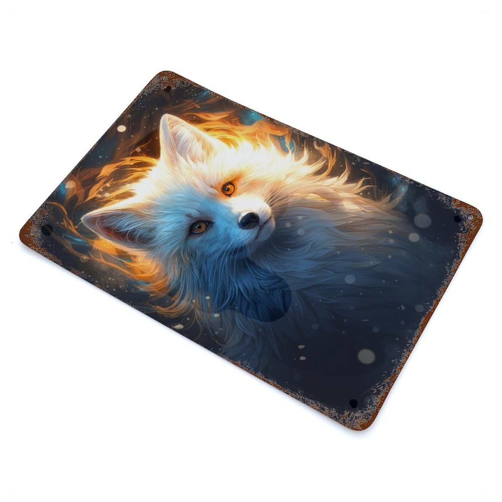 Rust Effect Cosmic Celestial Fox Aged Metal Wall Plaque 11.8"x7.9", Farmhouse Wall Decor for Office, Studio And Wall Decor