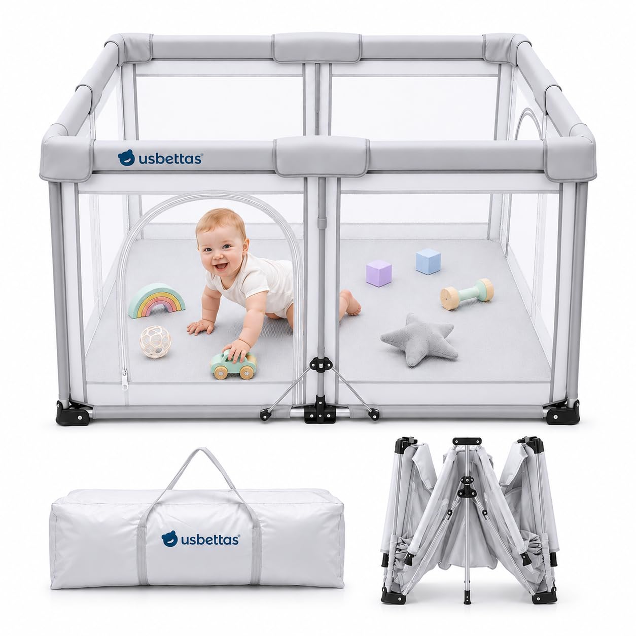 foldable baby playpen, 1-minute setup, lightweight portable playpen with carry bag, 50"x50" indoor outdoor safty play yard for babies & toddlers, light gray