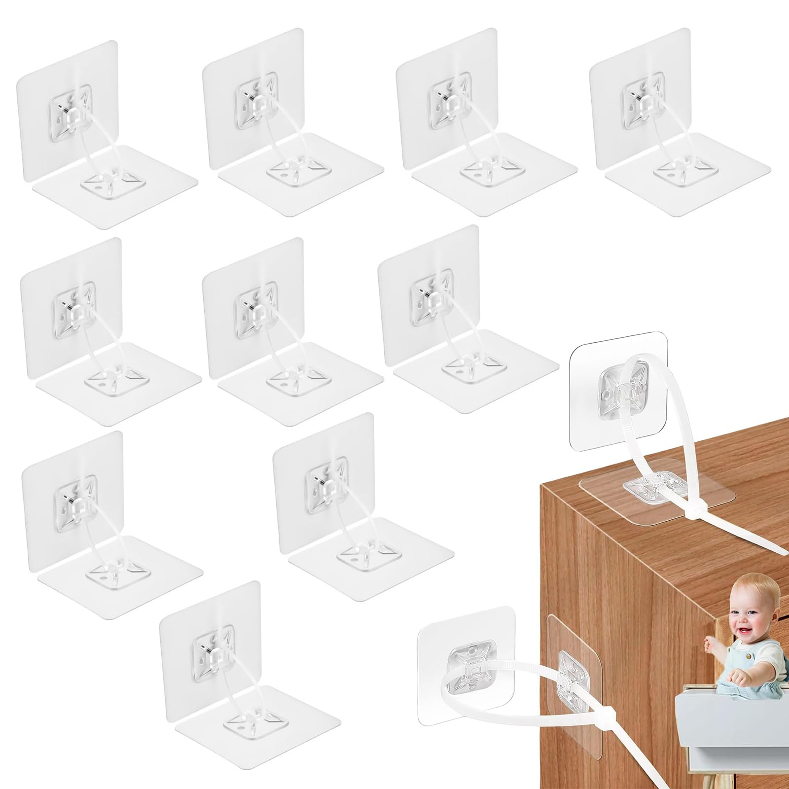 FrostyFlair Kippsicherung Möbel, 10 Stück Ohne Bohren Möbelgurte Ankergurte Kit, Kippschutz für Baby Sicherheit, Möbelankerkleber, Einstellbar Möbel Wandankerr