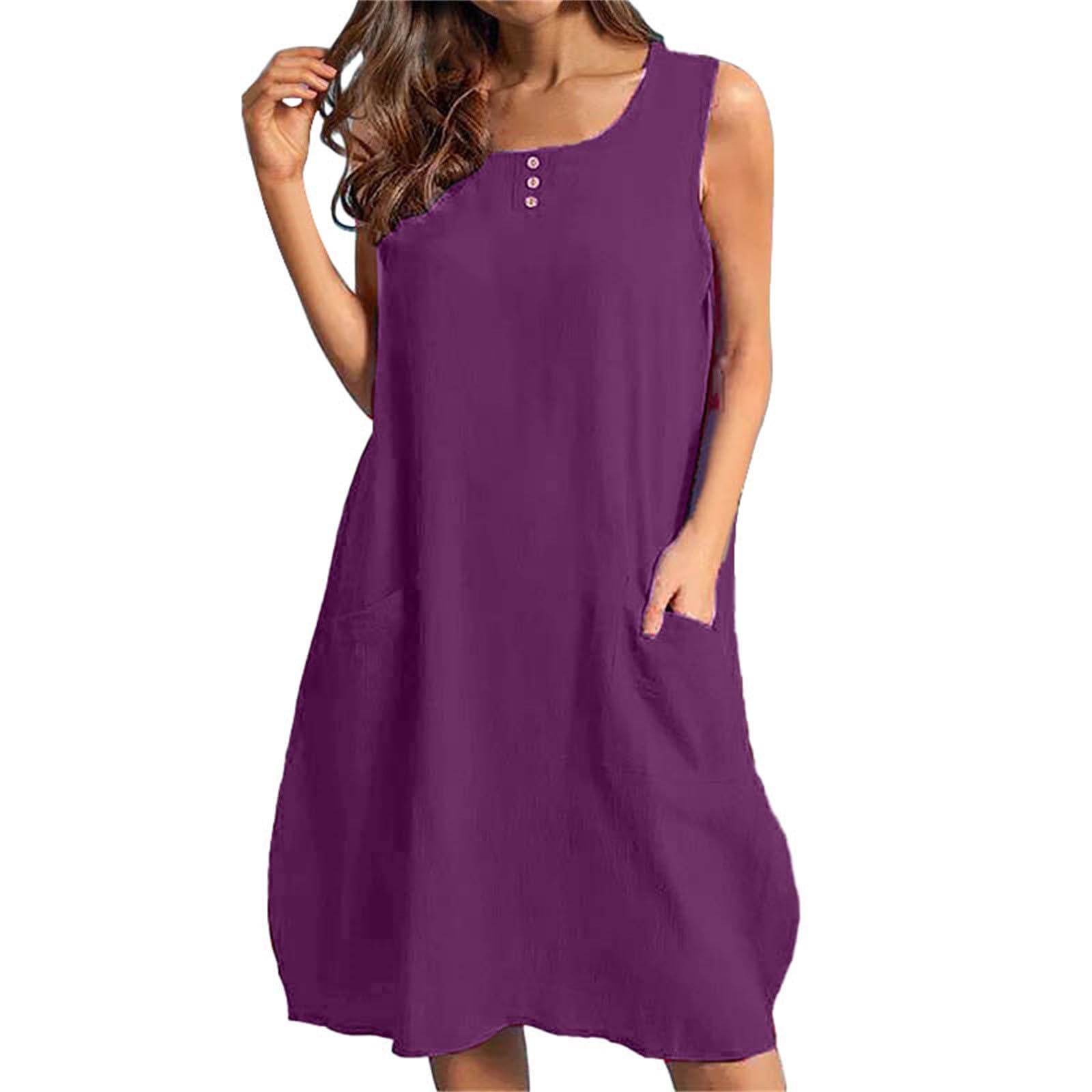 Generic Vestido de verano de lino y algodón con tirantes delgados, bolsillo de gran tamaño, con botones, cuello en V, sin mangas, holgado, casual, vestido largo para mujer