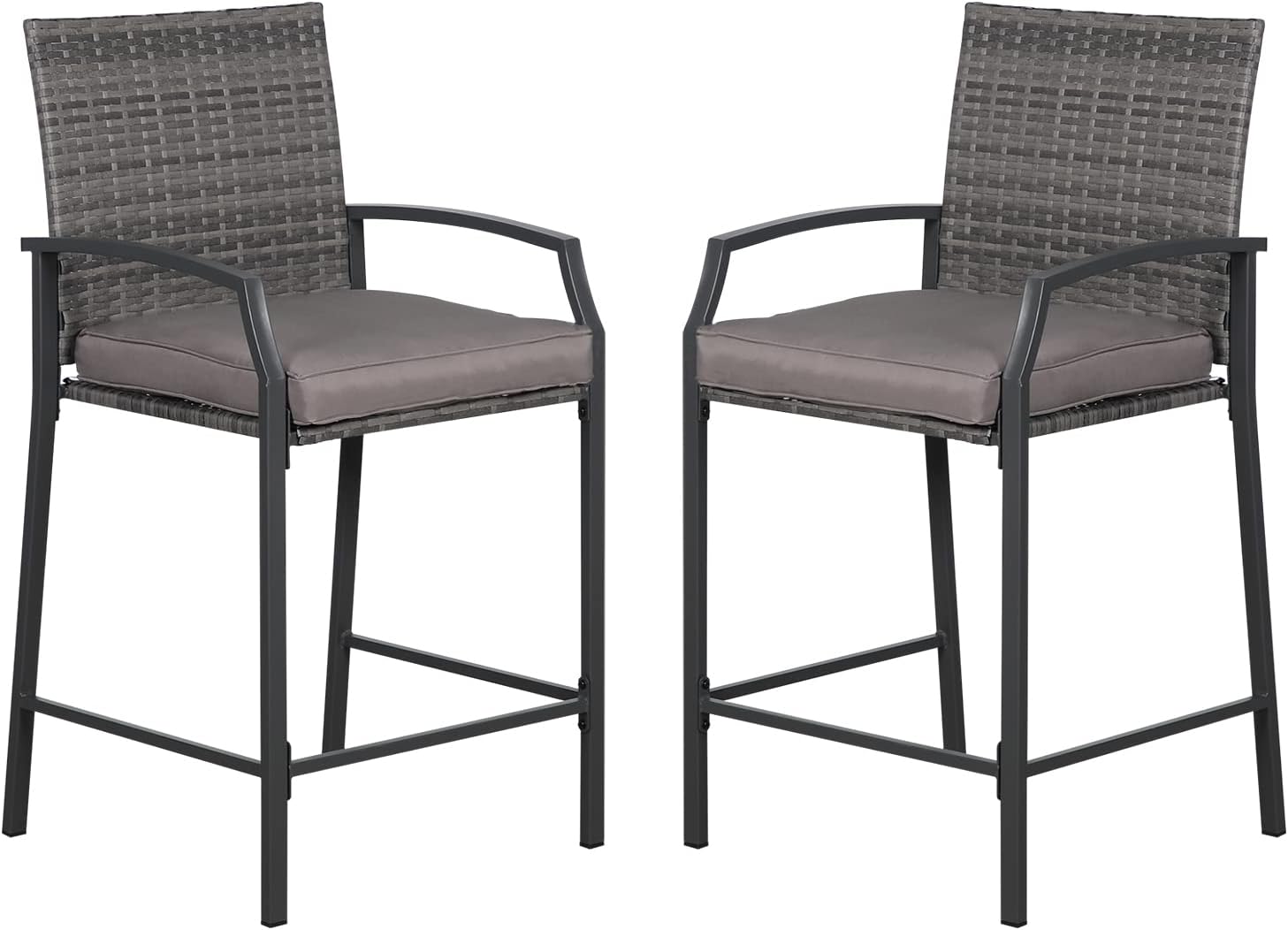JOIVI Outdoor Wicker Bar Stools Set of 2, Patio Rattan Counter Height Chairs with Cushions, Armrest and Footrest for Indoor, Garden, Poolside, Lawn, Backyard