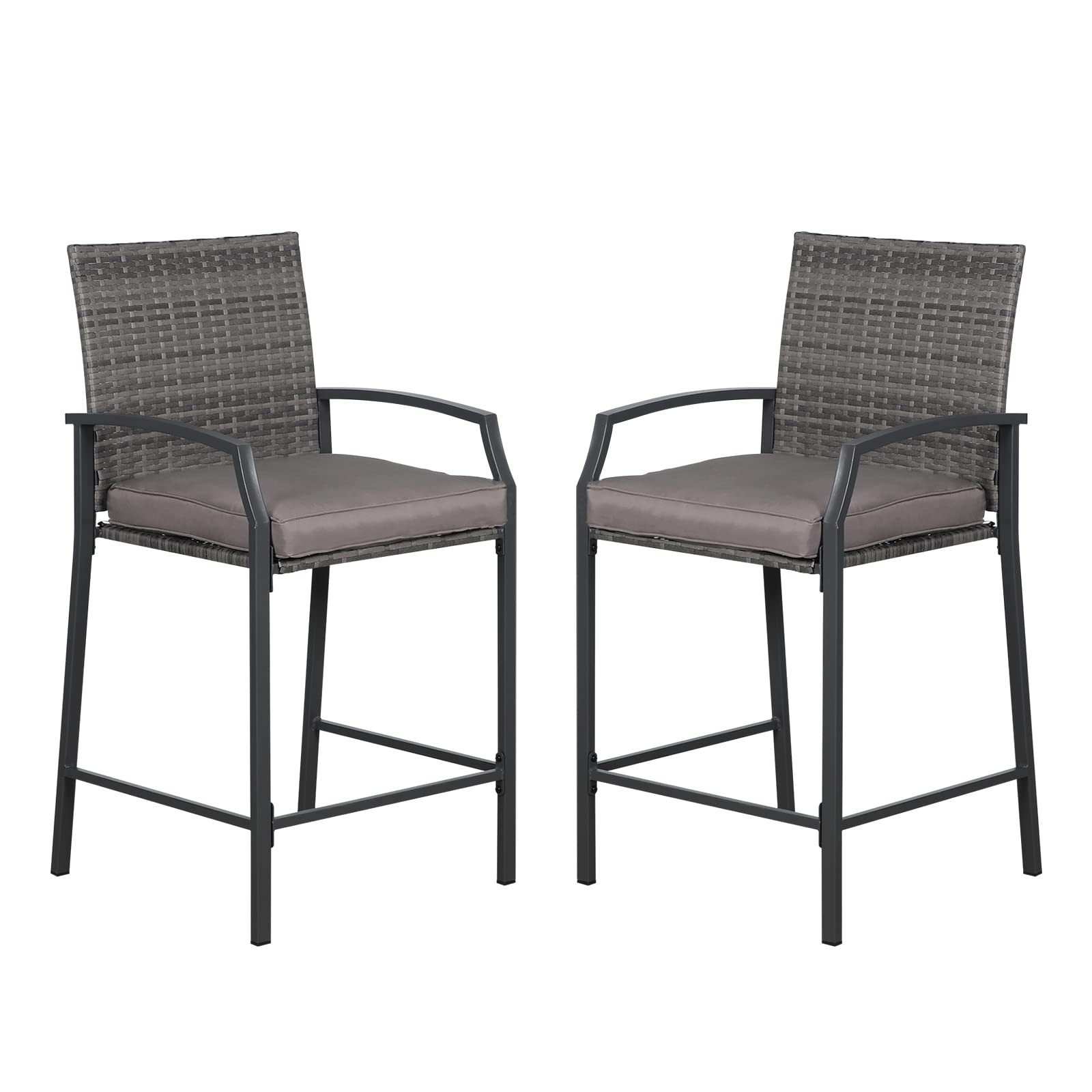 JOIVI Outdoor Wicker Bar Stools Set of 2, Patio Rattan Counter Height Chairs with Cushions, Armrest and Footrest for Indoor, Garden, Poolside, Lawn,