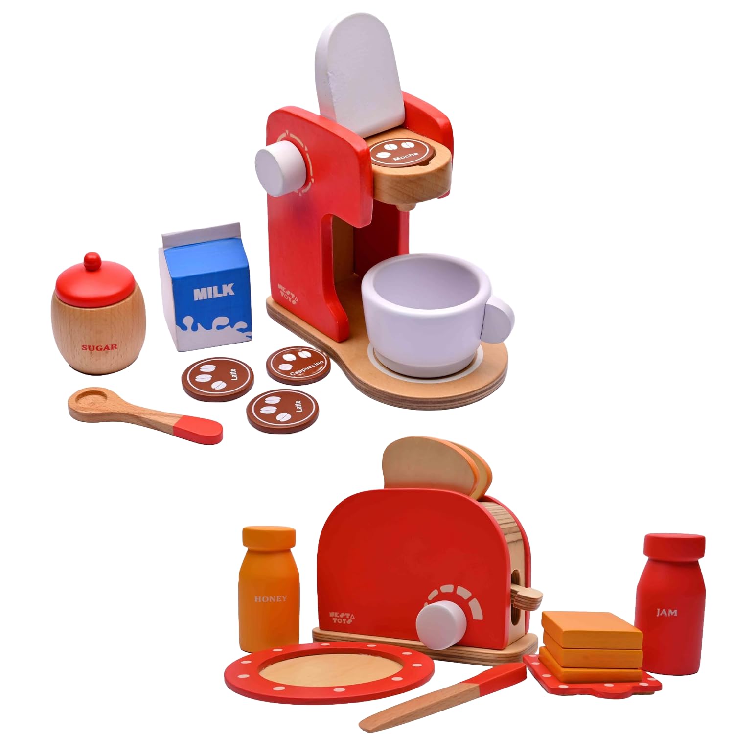 NESTA TOYS - Wooden Kitchen Play Toy | Bread Pop-up Toaster & Coffee Maker Toy | Play Food | Pretend Play Toys for Kids (3+ Years) (Red) (B0D95RLFGQ) Amazon Price History, Amazon Price Tracker