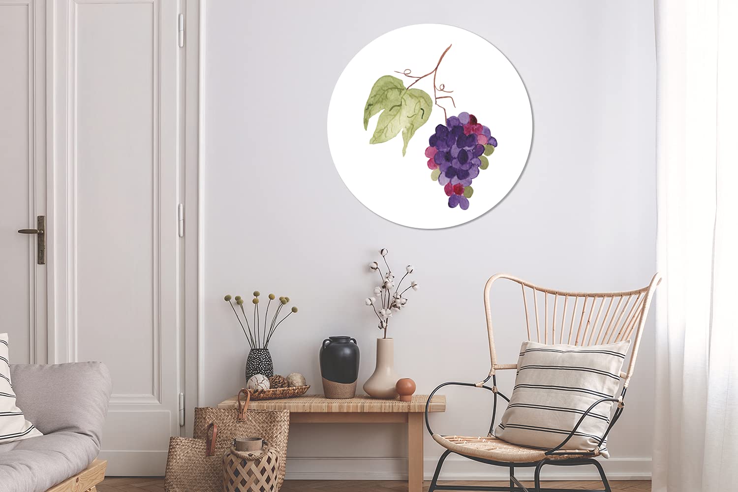 MuchoWow Wandbild Rund Wanddeko Deko Wohnzimmer Bilder 90x90 cm Weintrauben - Blätter - Aquarell