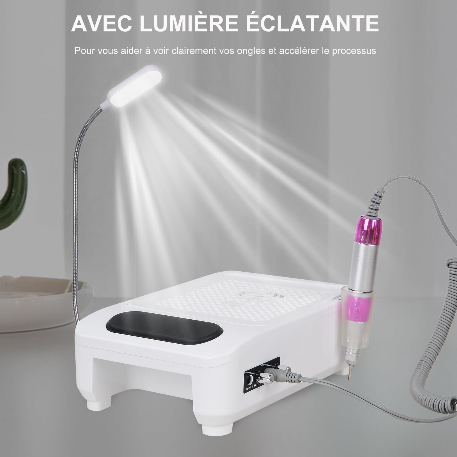 60W Aspirateur Ongle 5 en 1 Professionnel, Onglerie Collecteur de Poussière Faible Bruit, Aspiration Réglable, Pour la Manucure au Salon ou à la Maison(Blanc)