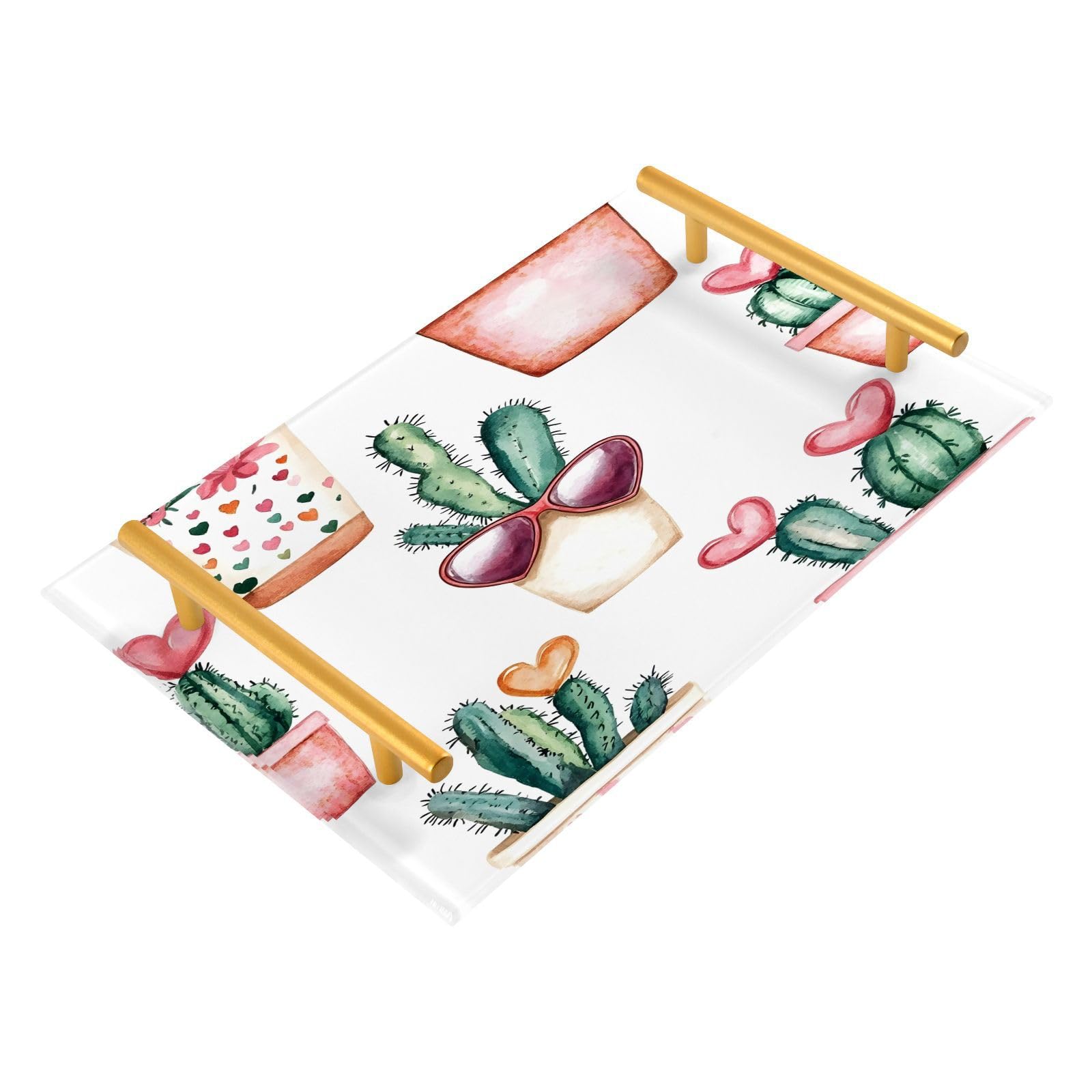 Wassud Bathroom Vanity Tray with Handles Cacti with Hearts Acrylic Jewelry Perfume Organizer for Bathroom Kitchen Counter 11.81