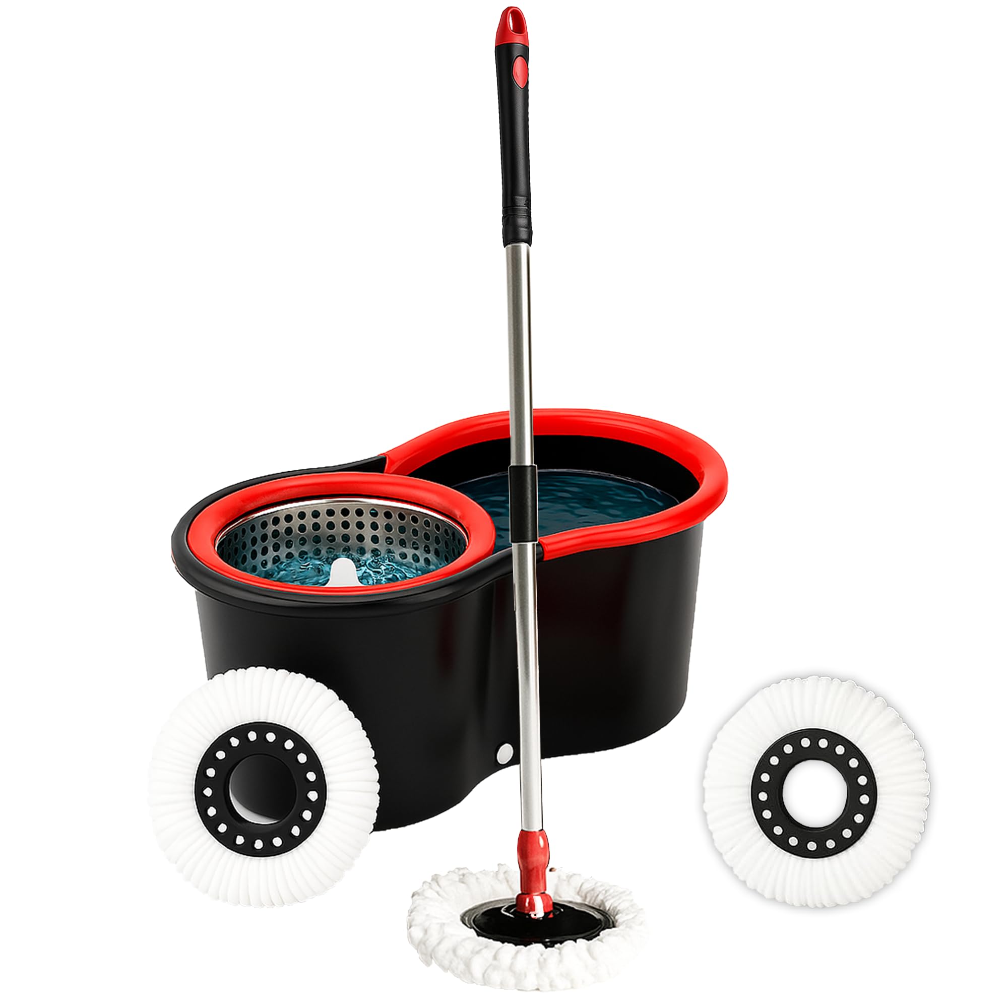 Meown 6L Spin Mop and Bucket Set – 360° Rotating Microfibre Round Mop with Stainless Steel Handle, 2 Refill Pads & Self-Wringing System – Red & Black Mop for Hard Floors, Tile & Wood