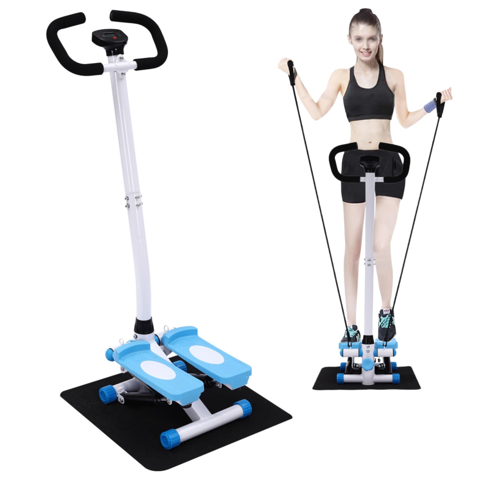 Stepper mit Griff, Fitness Heimtrainer mit LCD-Schirm, Handgriff und 90cm Widerstandsbandes, für Bein- und Po-Training, Arbeitet den Ganzen Körper, Höchstgewicht 120kg, 29 x 39 x 110cm